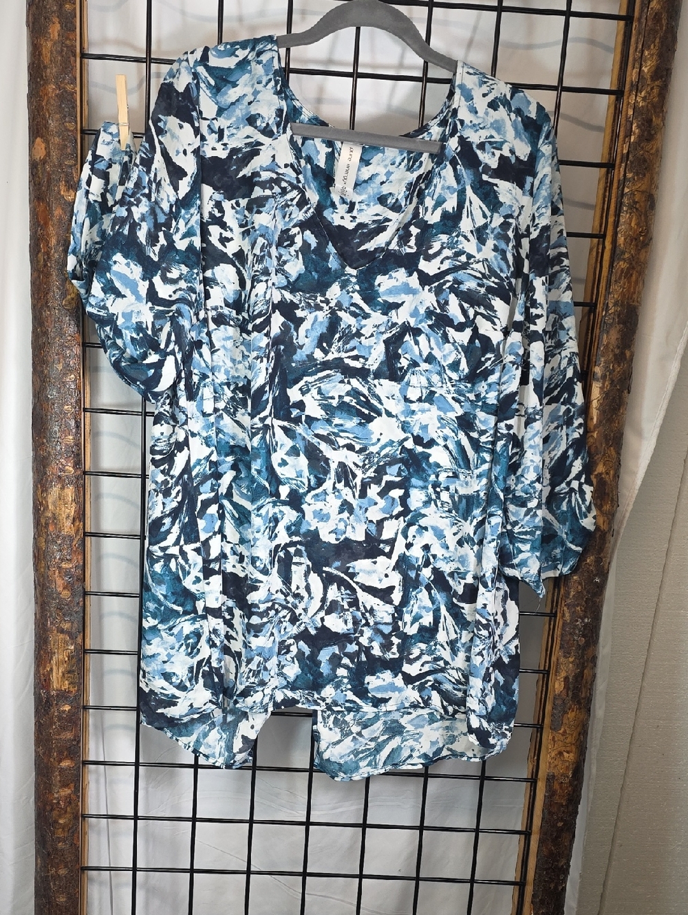 Pure Energy Navy and Light Blue Abstract V-Neck Tunic